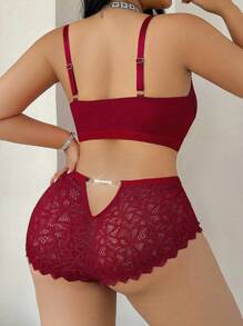 Snug Zone 2pcs Plus Size Contrast Lace Wireless Bra Set Lingerie, Lift - Burgundy - View 3