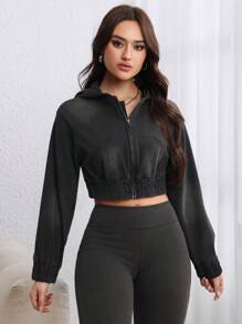 SHEIN LUNE Women's Long Sleeve Zip Up Hooded Cropped Casual Jacket - Black - View 6