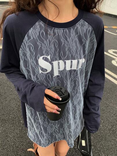 DAZY 美式休闲透明蕾丝拼接宽松长袖圆领运动衫，春季，图案T恤