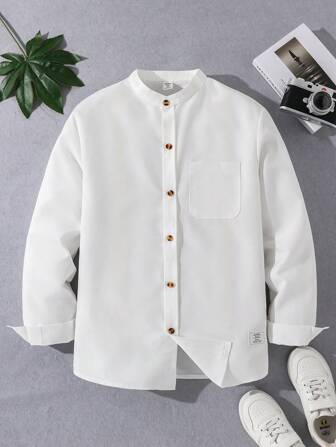 SHEIN Teenage Boys' Solid Color Front Button Long Sleeve Pocket Simple Casual Shirt Chic Outfits For Autumn/Winter