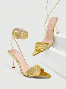 CUCCOO SZL Giày cao gót mũi nhọn màu vàng thời trang gợi cảm đính đá Rhinestones Strappy dành cho nữ - Vàng - Xem 1