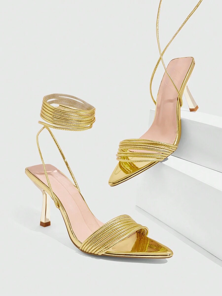 CUCCOO SZL Giày cao gót mũi nhọn màu vàng thời trang gợi cảm đính đá Rhinestones Strappy dành cho nữ - Vàng - Xem 1