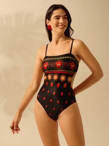 CAJUNI Women's Boho Print Vacation Casual Beach Swimming Black Strap One-Piece Swimsuit