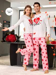 CoupledUp Conjunto de pijama de manga larga y pantalones largos con patrón de corazón y contraste de colores, para hombre, como regalo del Día de San Valentín