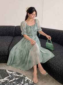 DAZY Women Square Neck Short Sleeve Ruched A-Line Midi Dress,Back To School Clothes - Green - View 5