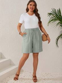 EMERY ROSE Quần short ống đứng màu xanh đậm có dây rút eo đàn hồi kẻ sọc cỡ lớn cho nữ vào mùa hè - Bạc - Xem 5