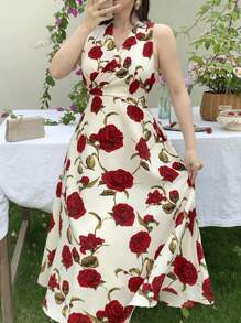 DAZY V-Neck Rose Print Sleeveless Belted Mid-Calf Length Dress For Women, Valentine's Day Floral Sundress