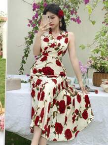 DAZY V-Neck Rose Print Sleeveless Belted Mid-Calf Length Dress For Women, Valentine's Day Floral Sundress