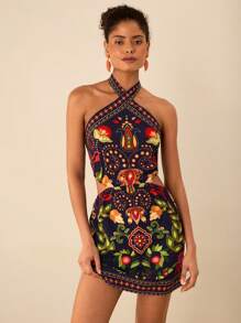 Travachic 女式编织印花露背镂空迷你连衣裙