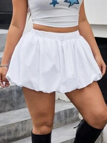 SHEIN ICON Plus Size Women's Solid Color Elastic Waist Tulip Hem Casual Denim Mini Bubble Skirt, For Summer - White - View 5