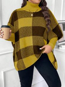 SHEIN Unity Plus Size Turtle Neck Long Sleeve Plaid Casual Pullover Sweater Knit Pullover Fall Winter Sweater