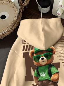 SHEIN Tween Boy Casual Minimalist Cartoon Bear & NY Print Long Sleeve Hoodie Sweatshirt