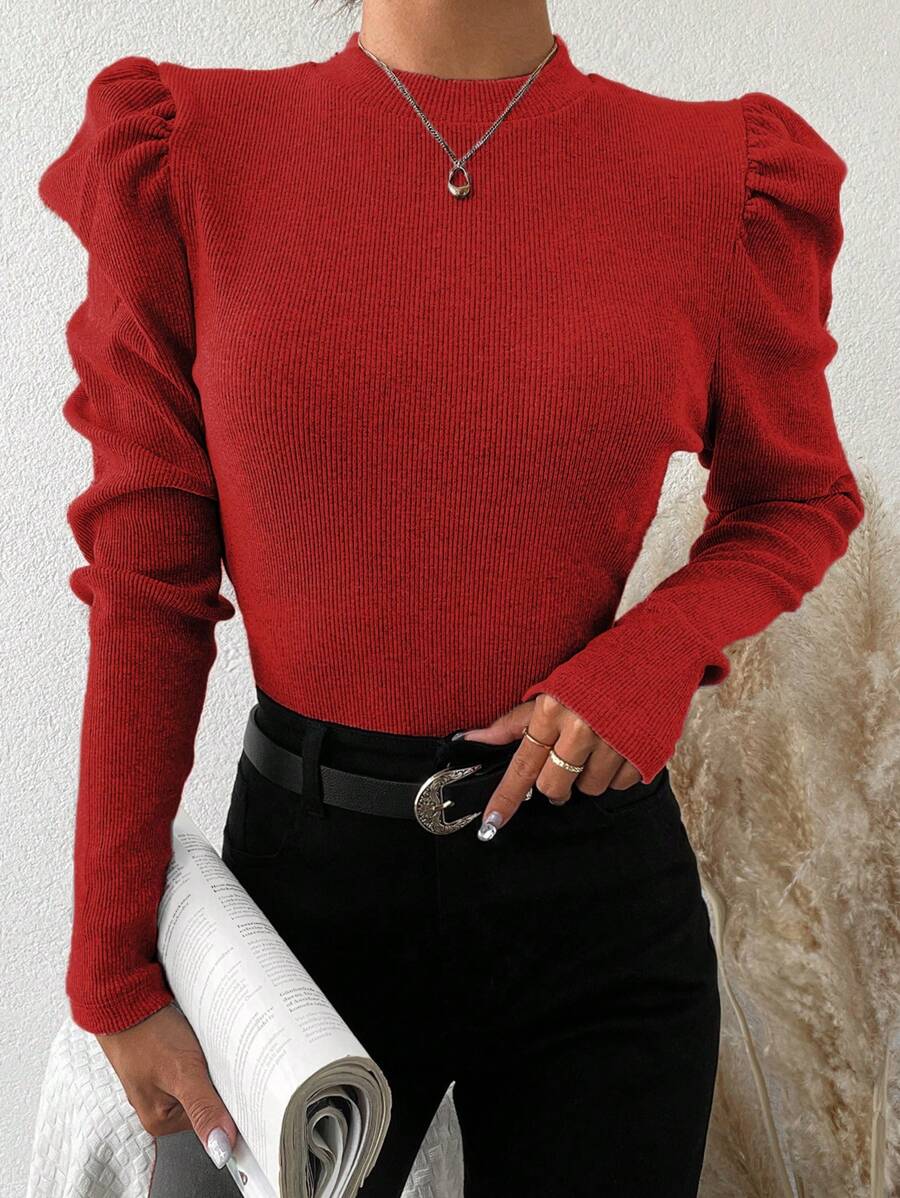 EURMUSE Cotton Half-High Collar Leg-Of-Mutton Sleeve T-Shirt - Red - View 1