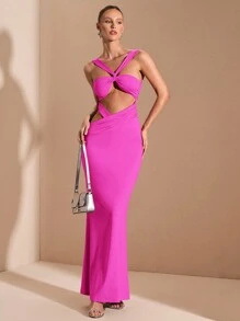 SHEIN BAE Solid Red Knitted Sexy Elegant Minimalist Lace-Up Hollow Tube Top Design Long Dress, Suitable For Graduation Ceremony, Formal Occasions, Cocktail Party, Romantic Date, Autumn/Winter Underdress, Party, Clubbing, Wedding Bridesmaid Dress, Nightout, Halloween, Christmas - Hot Pink - View 1