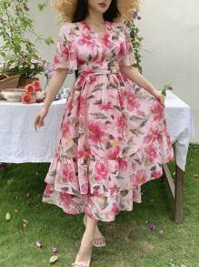 Joudiya Vestido midi floral vintage con cuello en V y mangas con volantes para mujer