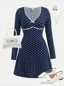 SHEIN Girlism Vestido azul de punto con cuello corazón, lunar blanco en contraste y moño mini corte A, para adolescentes, ideal para el Día de San Valentín