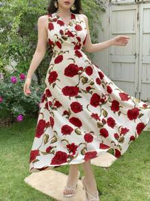 DAZY V-Neck Rose Print Sleeveless Belted Mid-Calf Length Dress For Women, Valentine's Day Floral Sundress