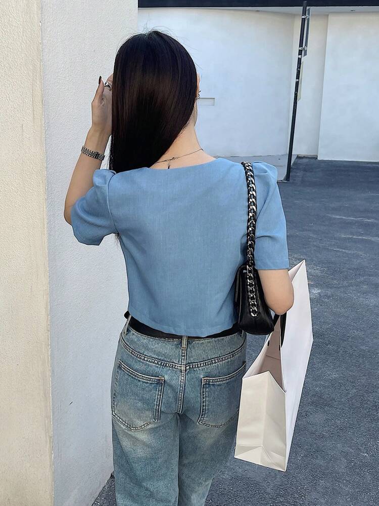 Women's Solid Color Puff Sleeve Short Sleeve Shirt, Blue, Spring/Summer Preppy Tops