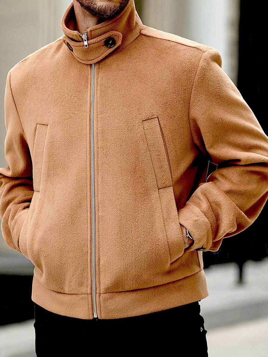 Manfinity Homme Áo khoác ấm hai túi thiết kế cho nam - Màu Khaki - Xem 1