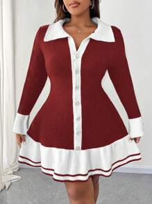 SHEIN Unity Plus Size Women's Knitted Color Block Sweater Dress With Ruffle Hem & Button Detail, Elegant, Autumn/Winter - Red - View 8