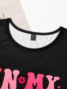 SHEIN Plus Size Crew Neck Korte Mouw Letter Print Casual Top, Voor Dagelijks Gebruik