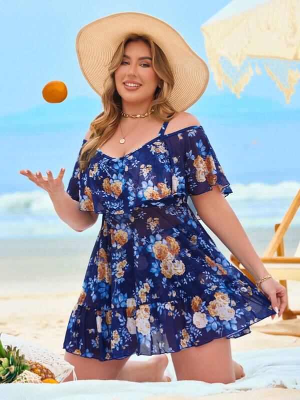 Swim Lushoire Vestido pareo con estampado floral y volantes para talla grande