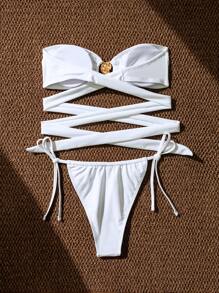 SHEIN Swim Damen minimalistischer Bandeau Bikini-Top und -Unterteil, sexy 2-teiliges Set für den Sommer - Weiss - Übersicht 3