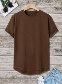 Manfinity Homme Men's Solid Color Round Neck Short Sleeve Casual Loose T-Shirt - Coffee Brown - View 4