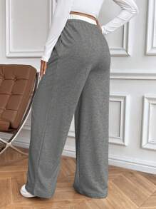 SHEIN Maternity Elastic Waist Drawstring Pocket Wide Leg Loose Casual Pants - Dark Grey - View 2