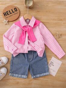 SHEIN 年轻女孩编织条纹宽松休闲披肩领衬衫 - 粉色 - 查看 2