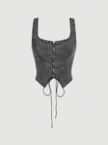 SHEIN MOD Lace Up Front Asymmetrical Hem Denim Vintage Slim Fit Top - Black - View 1