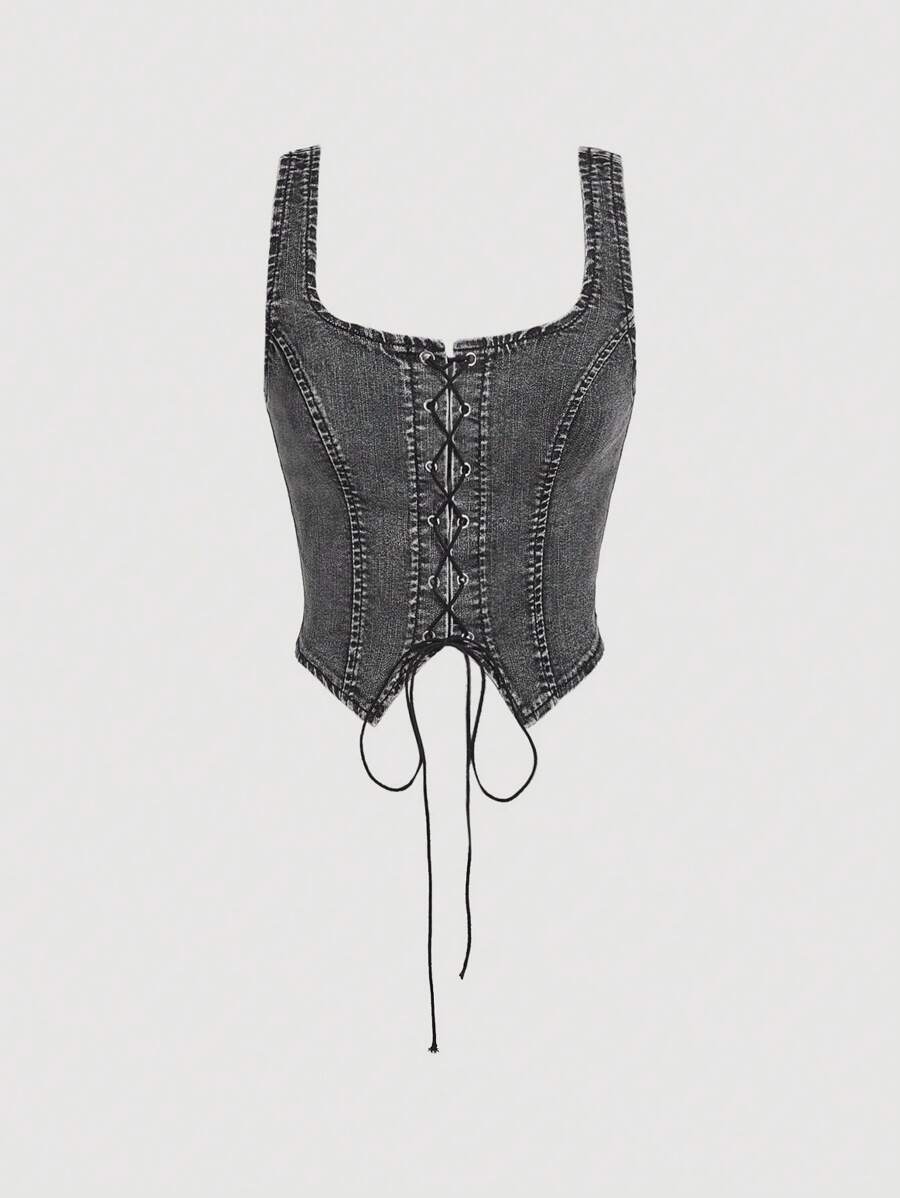 SHEIN MOD Lace Up Front Asymmetrical Hem Denim Vintage Slim Fit Top - Black - View 1