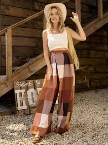LanaWest Women's Plaid Wide-Leg Country Casual Everyday Pants