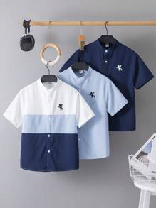 SHEIN 3 件套儿童青少年男童休闲假日纯色拼布撞色领印花短袖宽松衬衫，多件装 3 种不同设计，适合通勤、上学、日常休闲、旅行、运动、春季、夏季、秋季、冬季 - 彩色 - 查看 3