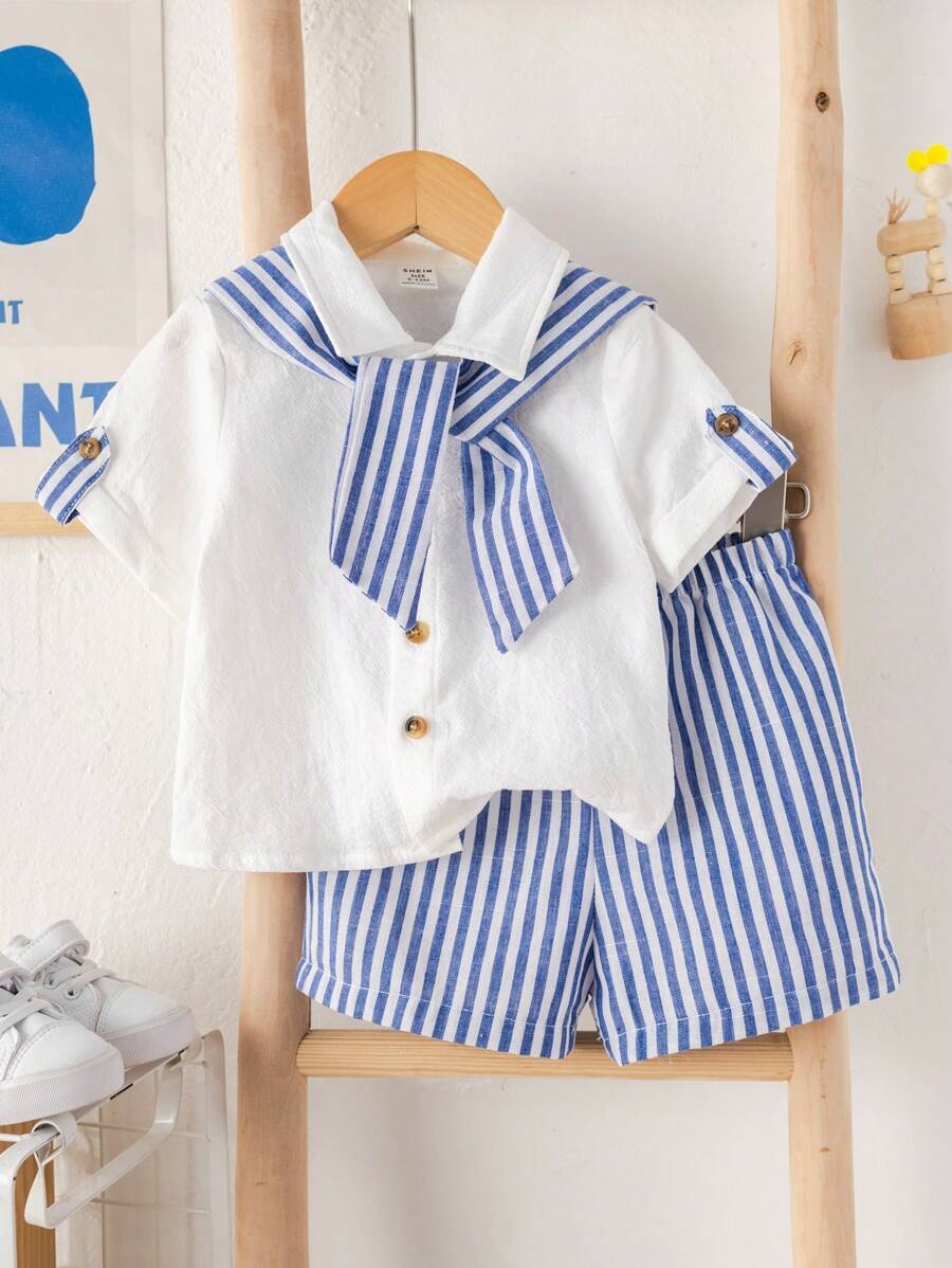 Bộ 3 áo cardigan cổ tròn tay ngắn cho bé trai, khăn choàng sọc, quần short sọc cạp chun - Xanh và trắng - Xem 1