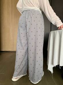 Dazy Plus Plus Size Women Plaid Pattern Elastic Waist Loungewear Pants, Suitable For All Seasons Pajama, Fall, Winter - Grey - View 2