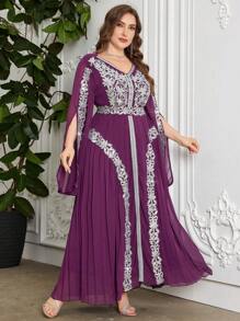 Al Najma Plus Size New Fashionable High-End Sequins Embroidered Plisse Elegant Luxurious Ladies Robe Kaftan Jalabiya Dress - Purple - View 1