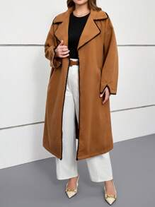 INAWLY Nouvelle veste élégante et décontractée à double face pour l'automne/hiver, manteau long de grande taille pour femmes de couleur chameau avec manches longues, col à volants et bordures contrastées - Camel - Voir 5