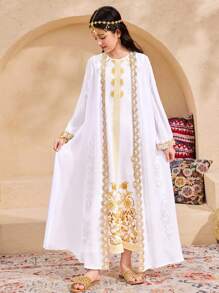 SHEIN Leap Crew Tween Girl Loose Elegant Sleeveless Round Neck Retro Print Chiffon Dress & Traditional Long Robe Two-Piece Set, Spring/Summer - Pink - View 4