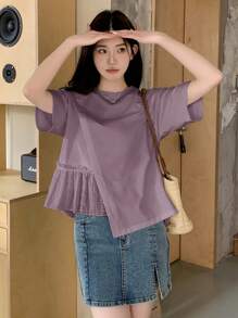 DAZY Kaos Kasual Wanita Warna Polos Leher Bulat Lengan Pendek Hem Asimetris, Ruffle - Purple - View 5