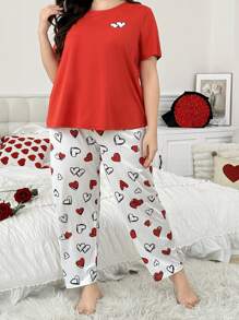 2 pièces/Set Pyjama avec short et manches courtes, décor mignon en forme de cœur