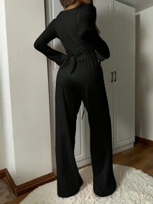 SHEIN EZwear 女士高领系带长袖上衣和裤子瑜伽休闲运动套装 - 黑色 - 查看 2