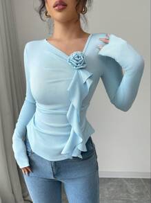 Elenzga Women 3D Flower Decor Long Sleeve T-Shirt, Simple Commute Style