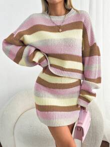 EURMUSE Woman Gradient Color Sweater And Mini Skirt Two Piece Sweater Co-Ords Fall Winter Warm Touch - Multicolor - View 3