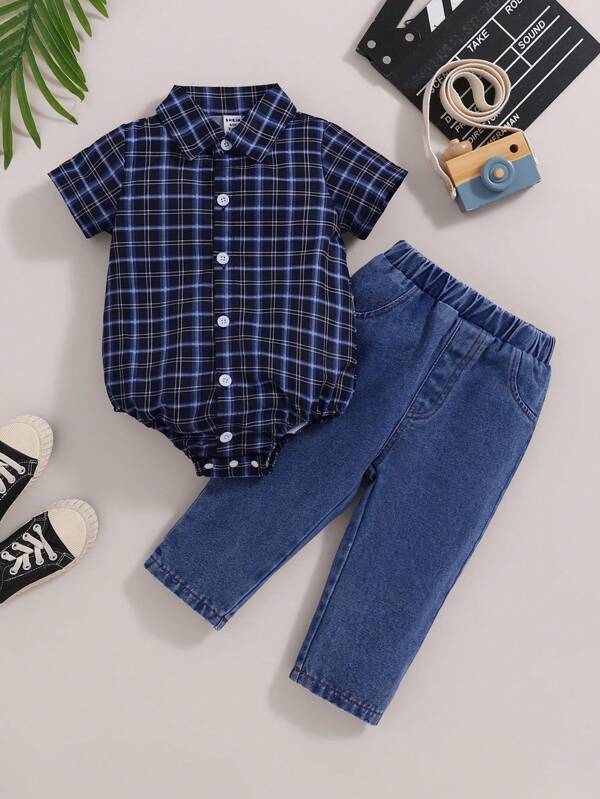 Set de 2 piezas de pelele de manga corta con estampado de cuadros y pantalón de mezclilla para bebé niño, adecuado para primavera/verano