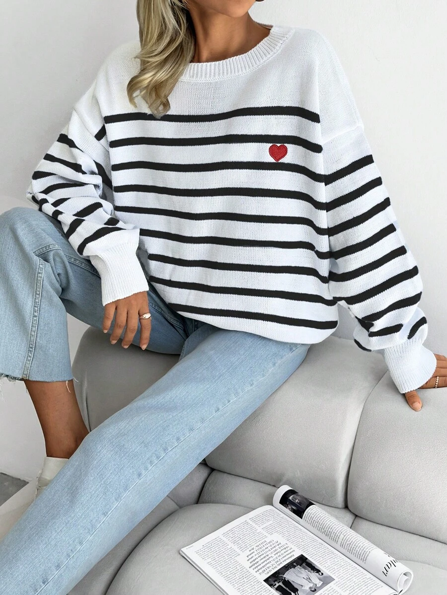 EURMUSE Striped & Heart Pattern Drop Shoulder Sweater - Black - View 1