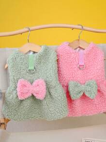 PETSIN 粉色蝴蝶结蓬松宠物连衣裙，可爱又温暖，秋冬款，带牵引绳 - 綠色 - 查看 1