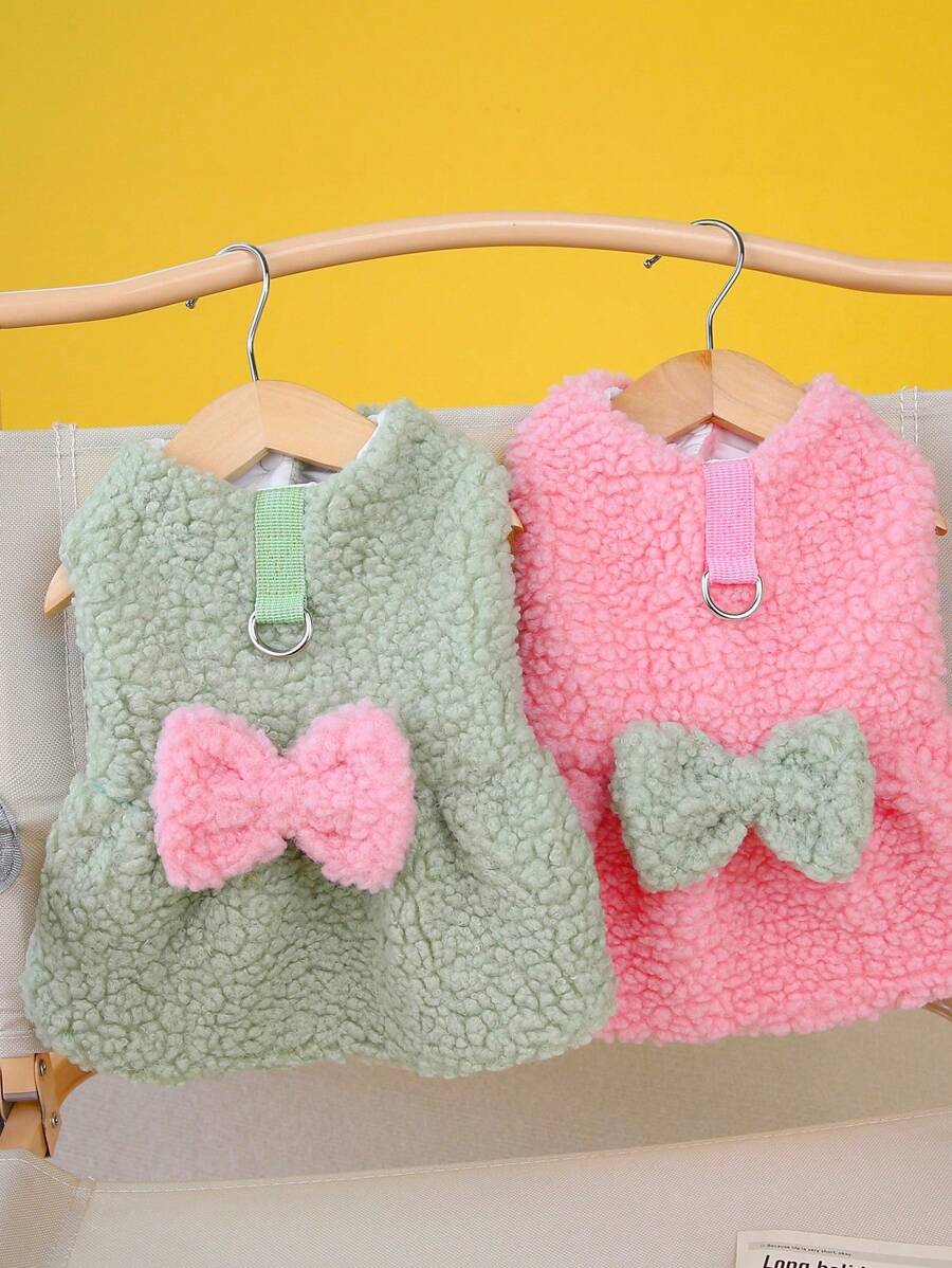 PETSIN 粉色蝴蝶结蓬松宠物连衣裙，可爱又温暖，秋冬款，带牵引绳 - 綠色 - 查看 1