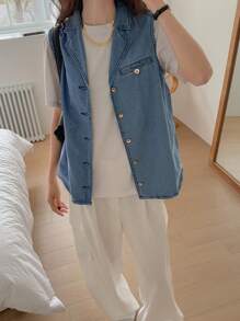 DAZY Women's Collared Sleeveless Denim Shirt - Medium Wash - View 2