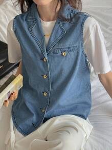 DAZY Women's Collared Sleeveless Denim Shirt - Medium Wash - View 4